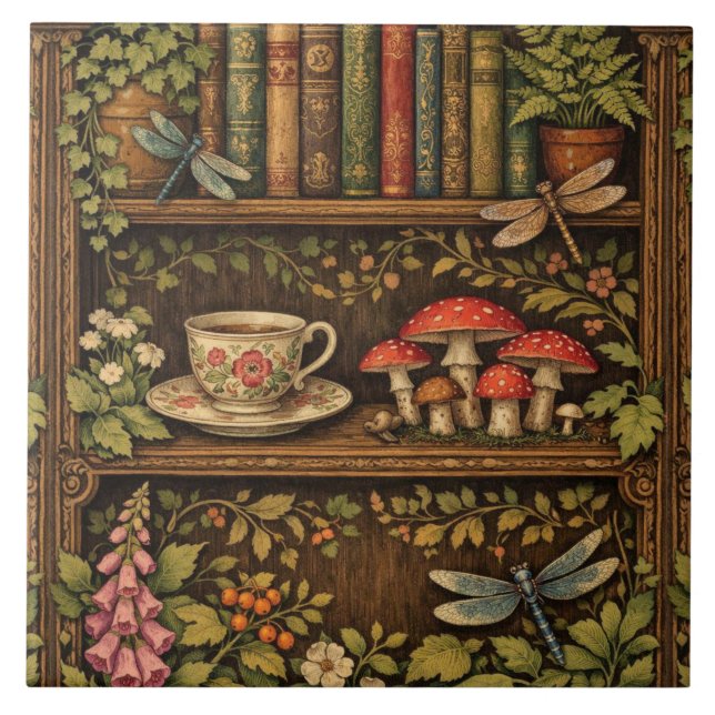Retro book shelf mushrooms coffee floral  (Frente)