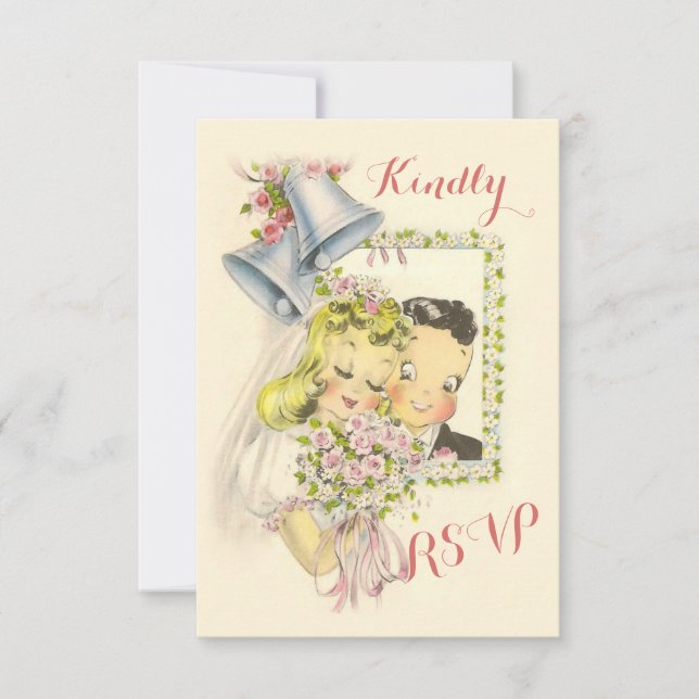 Retro Bride Whimsical e RSVP de Casamento de Groom (Frente)