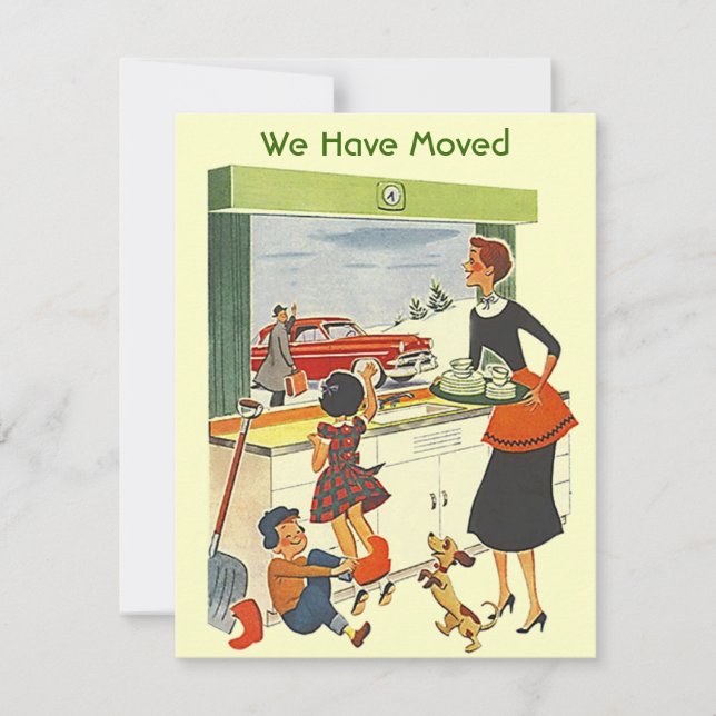 Retro Busy Home Nós nos Mudamos Anúncio de Mudança (Frente)