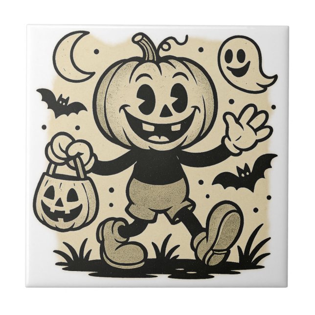 Retro cartoon-inspired pumpkin Halloween tile (Frente)