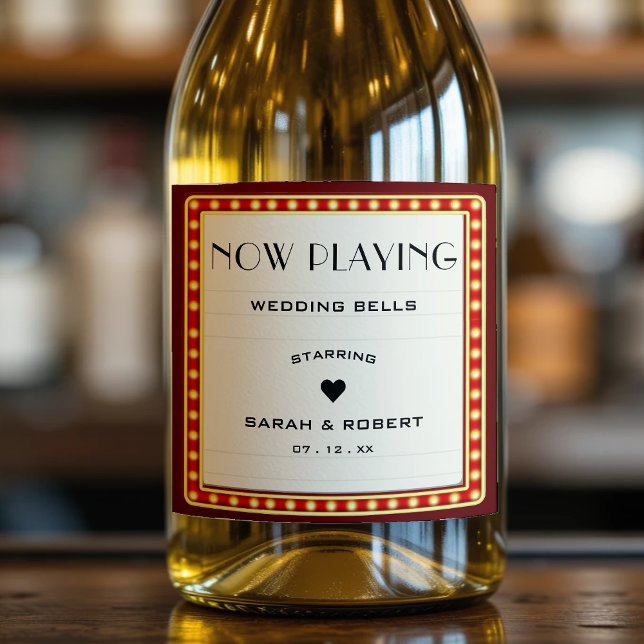Retro Cinema Theater - Sinal de Casamento Vermelho (Retro Cinema Theater Marquee Sign Red Wedding Sparkling Wine Label
)