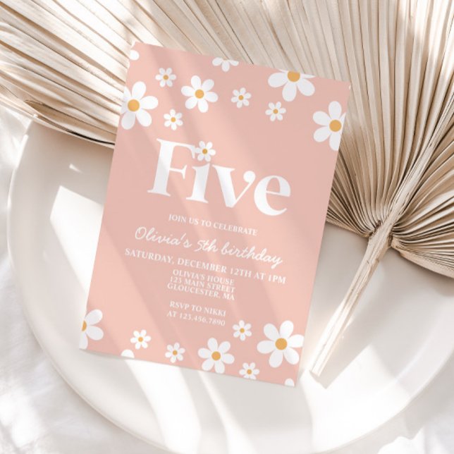 Retro Daisy Cinco 5 Floral Convite de Aniversário (Criador carregado)