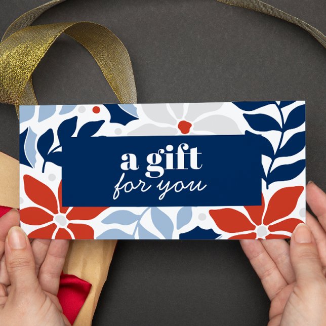 RETRO DE NATAL FLORES VERMELHAS DE PRATA AZUL ESPE (HOLIDAY CHRISTMAS THEMED GIFT CARD OR VOUCHER CARD IN BLUE GRAY AND RED.)