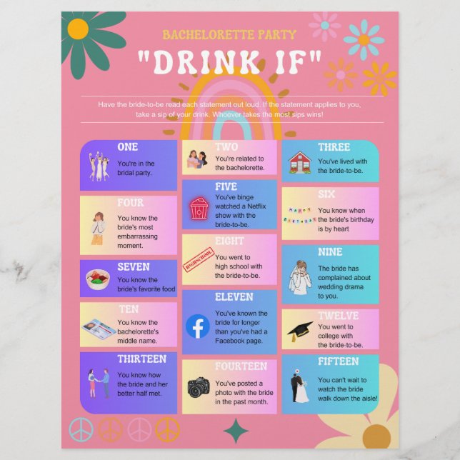 Retro Estilo 70's Festa de solteira Beber Se Jogo (Frente)