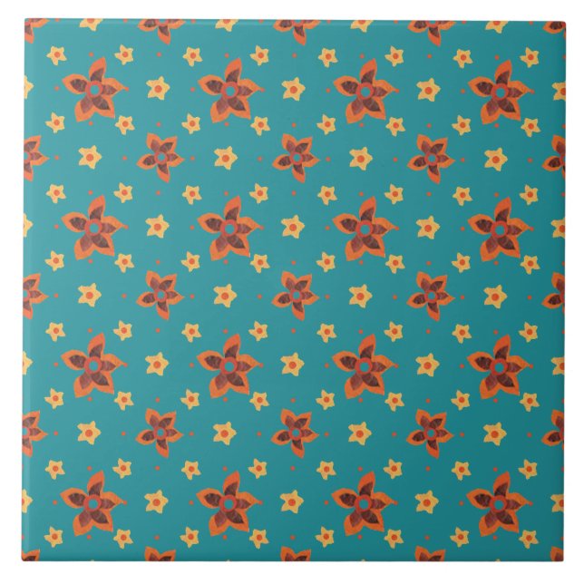 Retro Floral e Bolinhas, Azulejo teal cerâmico (Frente)