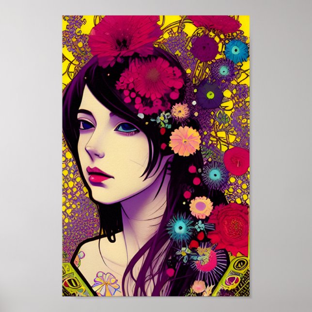 Retro FloralPunk Girl Digital Art Poster (Frente)