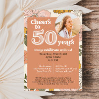 Retro Flores 50º Convite de Aniversário com Foto