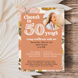 Retro Flores 50º Convite de Aniversário com Foto