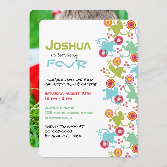 Retro Groovy Aliens Crianças Foto Convite de Anive (Frente/Verso)