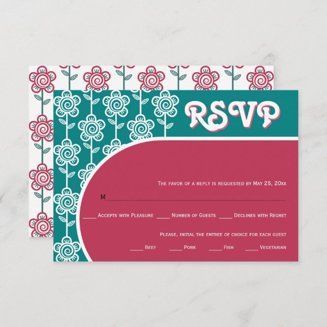 Retro groovy magenta e teal 70s RSVP de casamento (Frente/Verso)