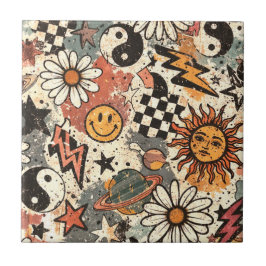 Retro Groovy Smiley Sun Daisy Psychedelic Pattern