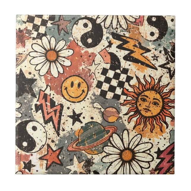 Retro Groovy Smiley Sun Daisy Psychedelic Pattern (Frente)