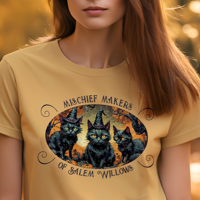 Retro Halloween Mishead Black Cats + Nome do Grupo (Mischief makers retro black kittens Halloween group tee for spooky season fun!)