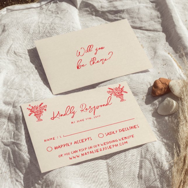 Retro Hand Drawn Red Unique Quirky Wedding RSVP (Criador carregado)