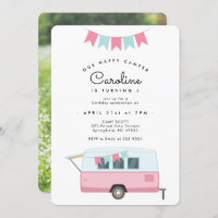 Retro Happy Camper Pink Birthday Convite