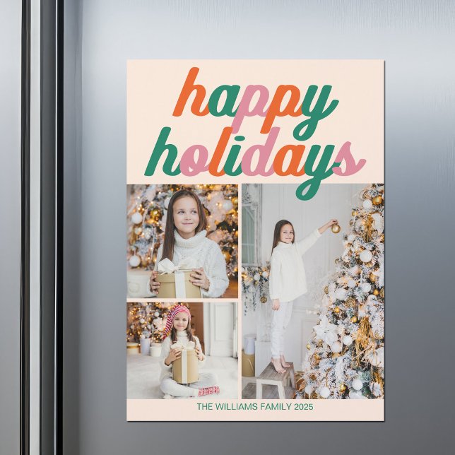 Retro Happy Holidays 3 Photo Collage Magnet Card (Criador carregado)