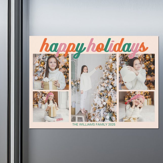 Retro Happy Holidays 5 Photo Collage Magnet Card (Criador carregado)