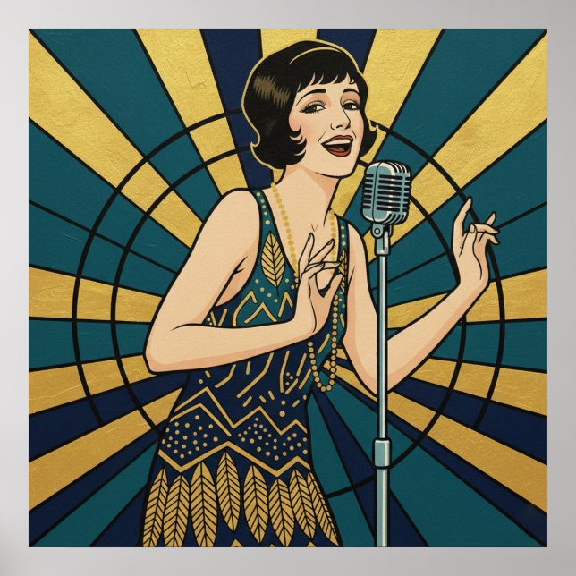 Retro Jazz Singer Poster Blue and Gold Vintage (Frente)