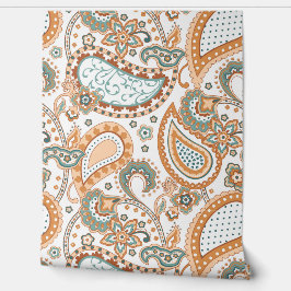 Retro Mod Paisley Teal Sage Peach Rust Orange 