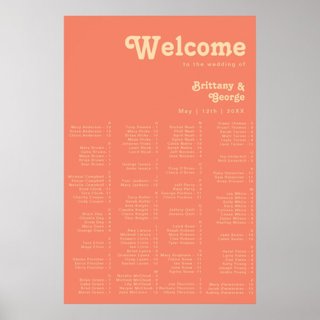 Retro Moderno | Poster de Assentos Alfabéticos Cor (Frente)