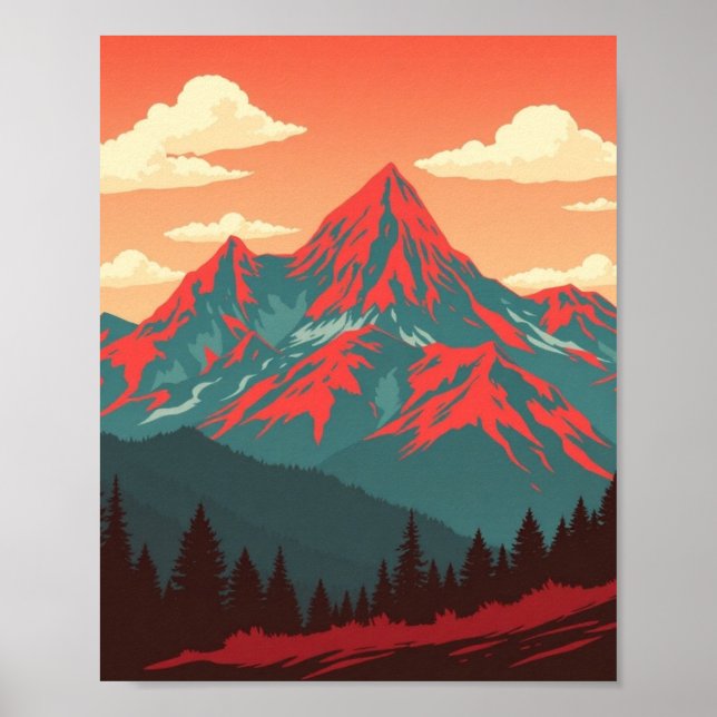 Retro Mountain Landscape Red Blue Poster (Frente)