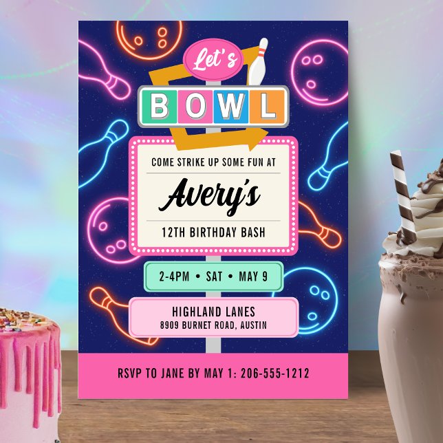 Retro Neon Boliche Convite para Aniversário da Men (Retro Neon Glow Bowling Birthday Invitation For Girls)