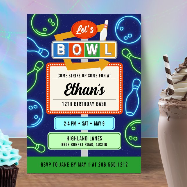 Retro Neon Boliche Convite para Aniversário de Men (Retro Neon Bowling Invitation For Boy's Birthday Party)