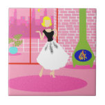 Retro no azulejo cor-de-rosa<br><div class="desc">Isto retro no azulejo cor-de-rosa olha como uma cena fora de uma comédia romântica dos anos 60. O design minimalista mostra uma mulher sofisticada no seus ultra kitschy e ultra cor-de-rosa, apartamento da sótão de luxo. A sala caracteriza uma parede de tijolo cor-de-rosa com linhas brancas do grout. Na frente...</div>