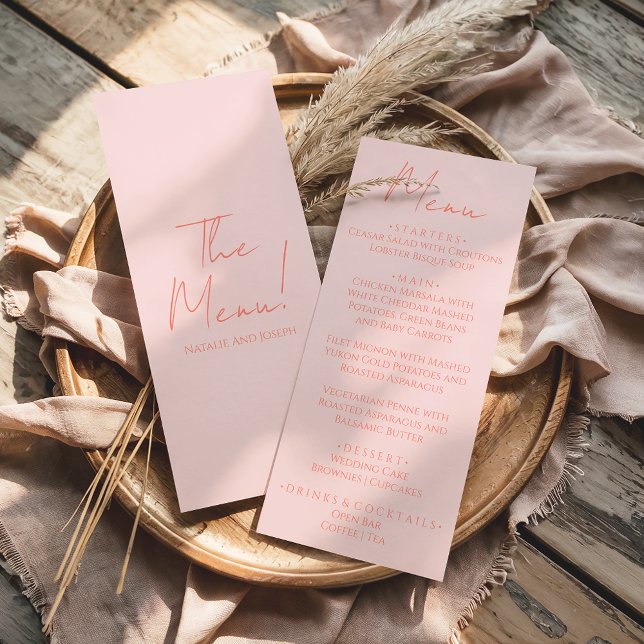 Retro Pink Coral Hand Written Pastel Wedding Menu (Criador carregado)