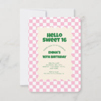 Retro Pink Groovy Checker Sweet 16 Convite