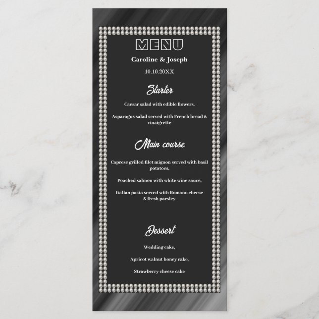 Retro Preto e Branco, Menu Casamento de Pérolas (Frente)
