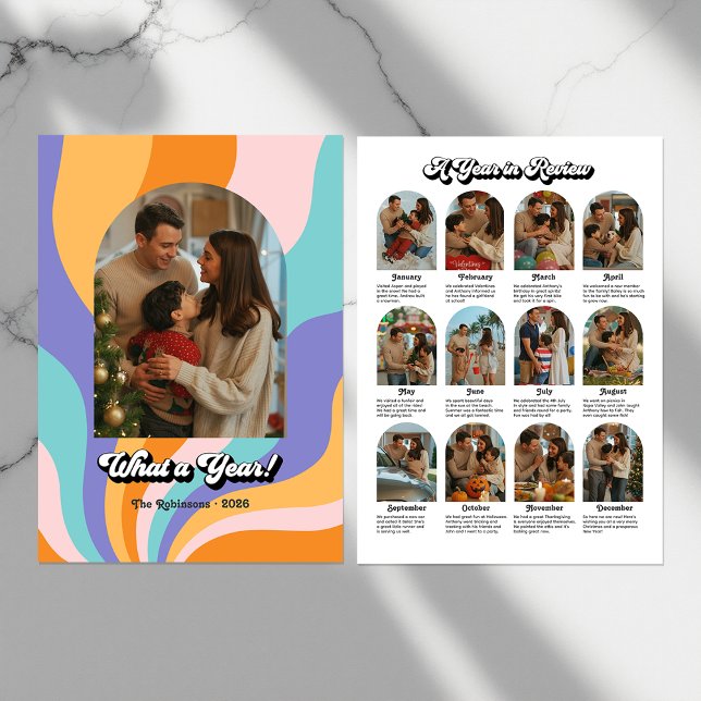 Retro Que Ano Cartão de Férias de Fim de Ano em Re (Retro What a Year Year in Review Holiday Photo)