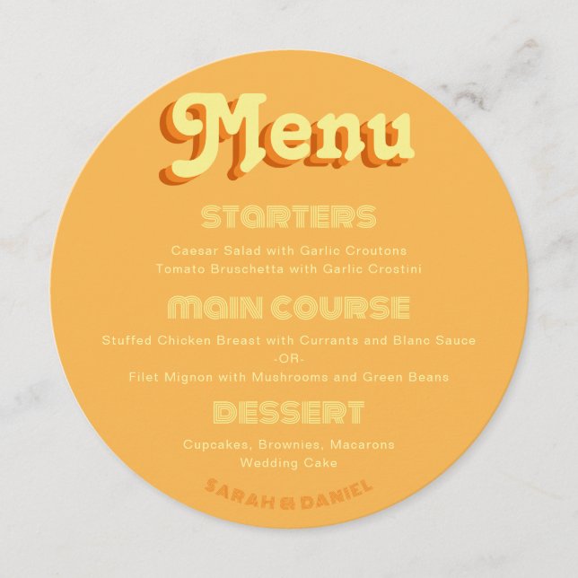 Retro Round Groovy 70s Orange Yellow Wedding Menu (Frente)
