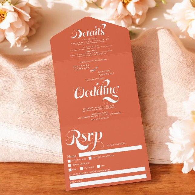 Retrô simples de casamento chic com guião laranja (Retro simple orange white script chic wedding all in one invitation)