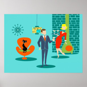 Retro Space Age Cartoon Couple Poster
