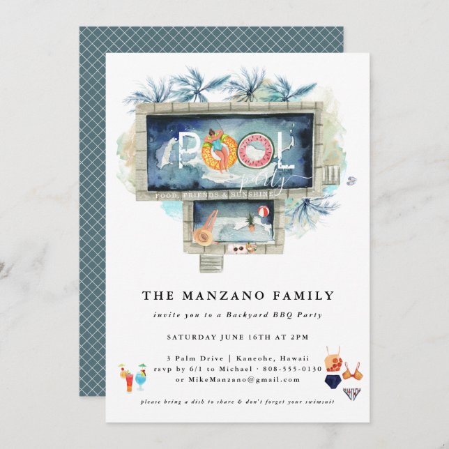 Retro Verão | Convite de festas piscina (Frente/Verso)