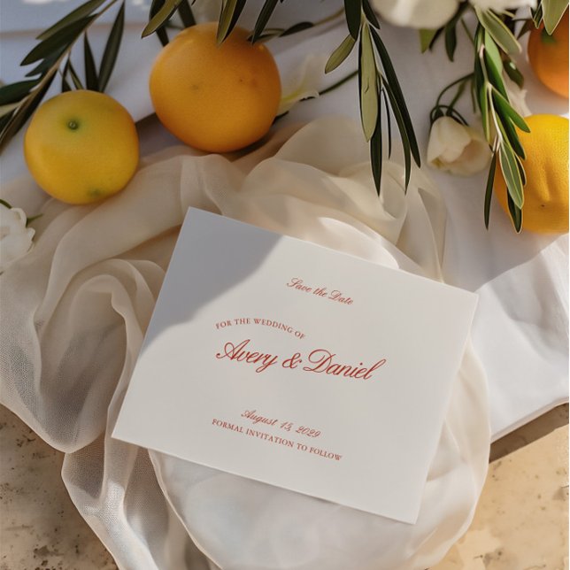 Retro Vermelho e marfim legante Salve a placa de d (Elegant Retro Red & Ivory Save the Date Card)