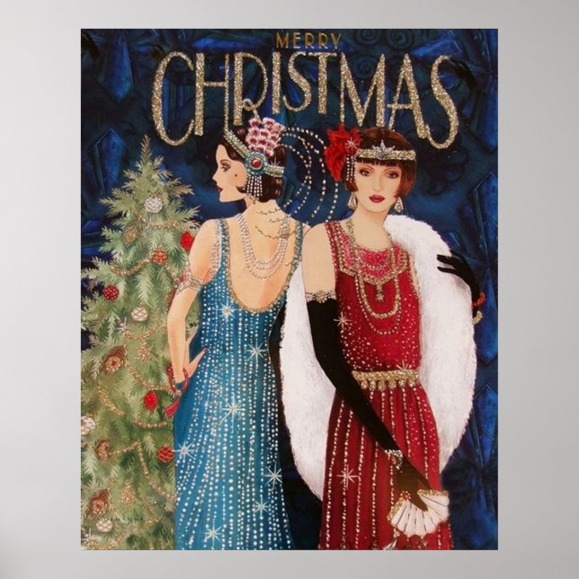 Retro vintage ar deco senhoras poster de Natal (Frente)