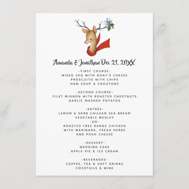 Retro Vintage Reindeer Menu de Casamento de Natal (Frente)
