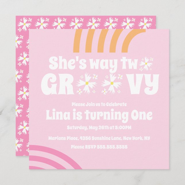 Retro Way 2 Groovy Daisy Flower Birthday Pink (Frente/Verso)