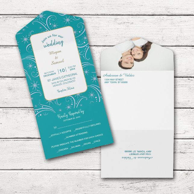 Retro White Snowflake Swirl sobre Casamento Teal (Criador carregado)