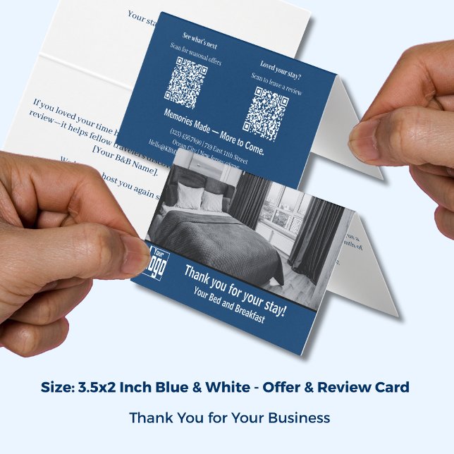 Revisões Oferecem Azul&Branco B&B Obrigado Cartão  (Reviews Offer Blue&White B&B Thank You Folded Card; Size: 3.5x2 Inch)