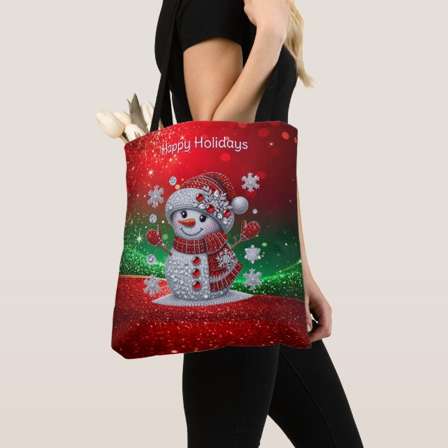 Rhinestones Snowman Holiday Tote Bag (Close Up)