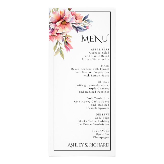Rhododendron and peach flowers wedding menu card (Frente)
