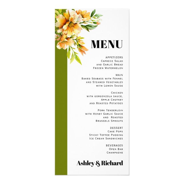 Rhododendron orange yellow fall wedding menu card (Frente)
