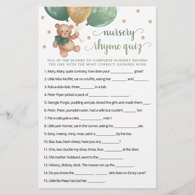 Rhyme Rhyme jogo Chá de fraldas de jogo Teddy Bear (Frente)