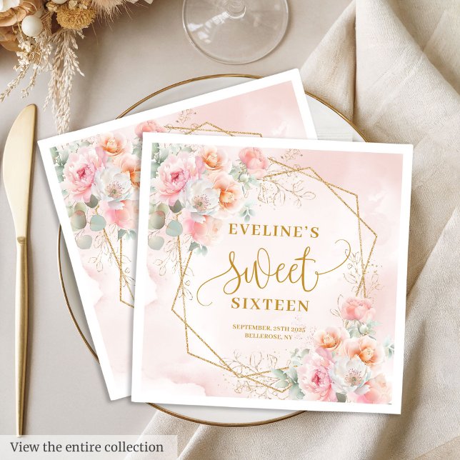 Rico rosa claro, ouro, doce, dezesseis guardanapos (Fancy light pink gold peonies sweet sixteen napkins

)