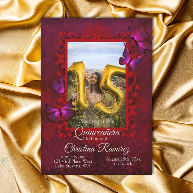 Rico Ruby Red Butterfly Quinceanera Convite (Red and pink quinceanera invitation templates, red mis quince english wording script writing)