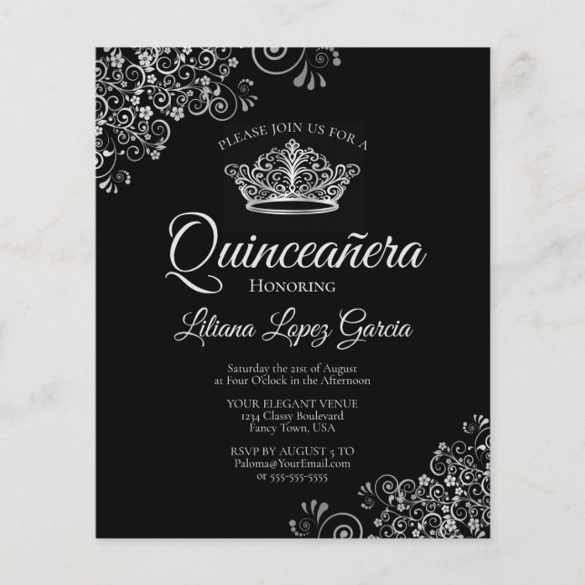 Rico Silver & Black BUDGET Quinceañera Convite (Frente)