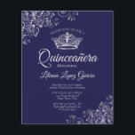 Rico Silver e Marinho BUDGET Quinceañera Convite<br><div class="desc">Esses convites para Quinceañera, barato e amigáveis, são a escolha perfeita para classe, estilo e beleza em um orçamento. O design apresenta um fundo marinho profundo ou azul-noturno com uma coroa prateada e cinzas prateadas e espirais nos cantos. A tipografia inclui a inscrição em rico para um estilo simples e...</div>